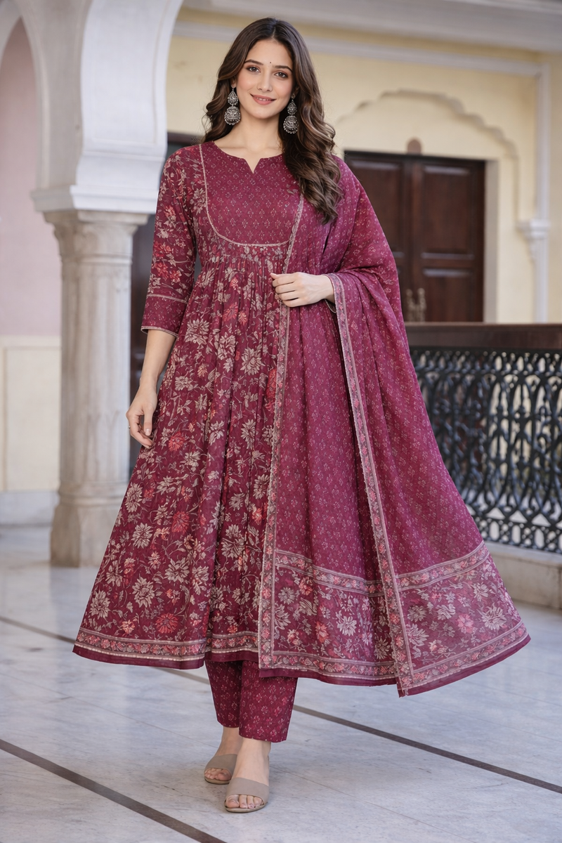 Maroon Floral Printed Anarkali Kurta Set with Pant & Dupatta