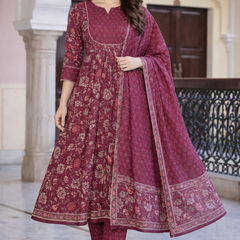 Maroon Floral Printed Anarkali Kurta Set with Pant & Dupatta