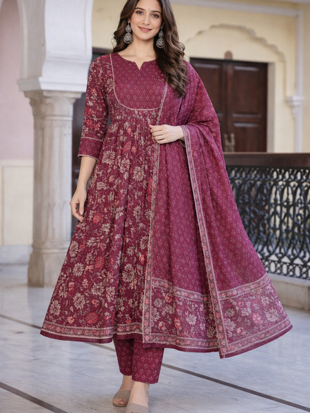Maroon Floral Printed Anarkali Kurta Set with Pant & Dupatta