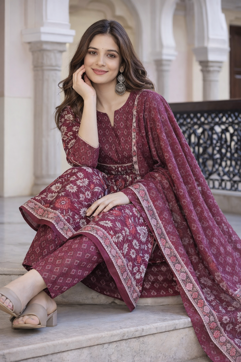 Maroon Floral Printed Anarkali Kurta Set with Pant & Dupatta