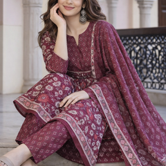 Maroon Floral Printed Anarkali Kurta Set with Pant & Dupatta