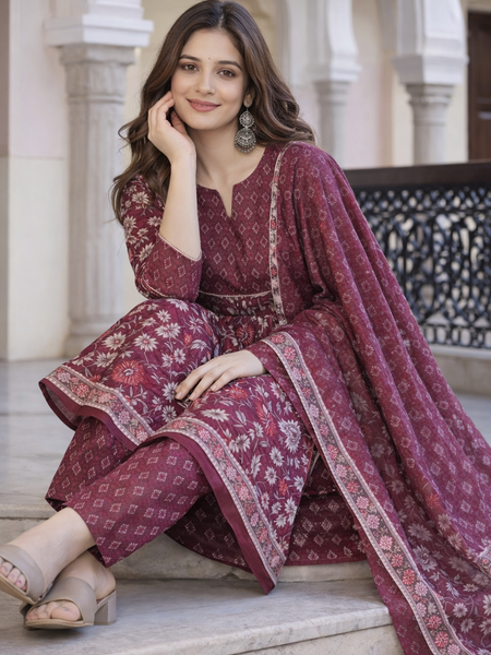 Maroon Floral Printed Anarkali Kurta Set with Pant & Dupatta