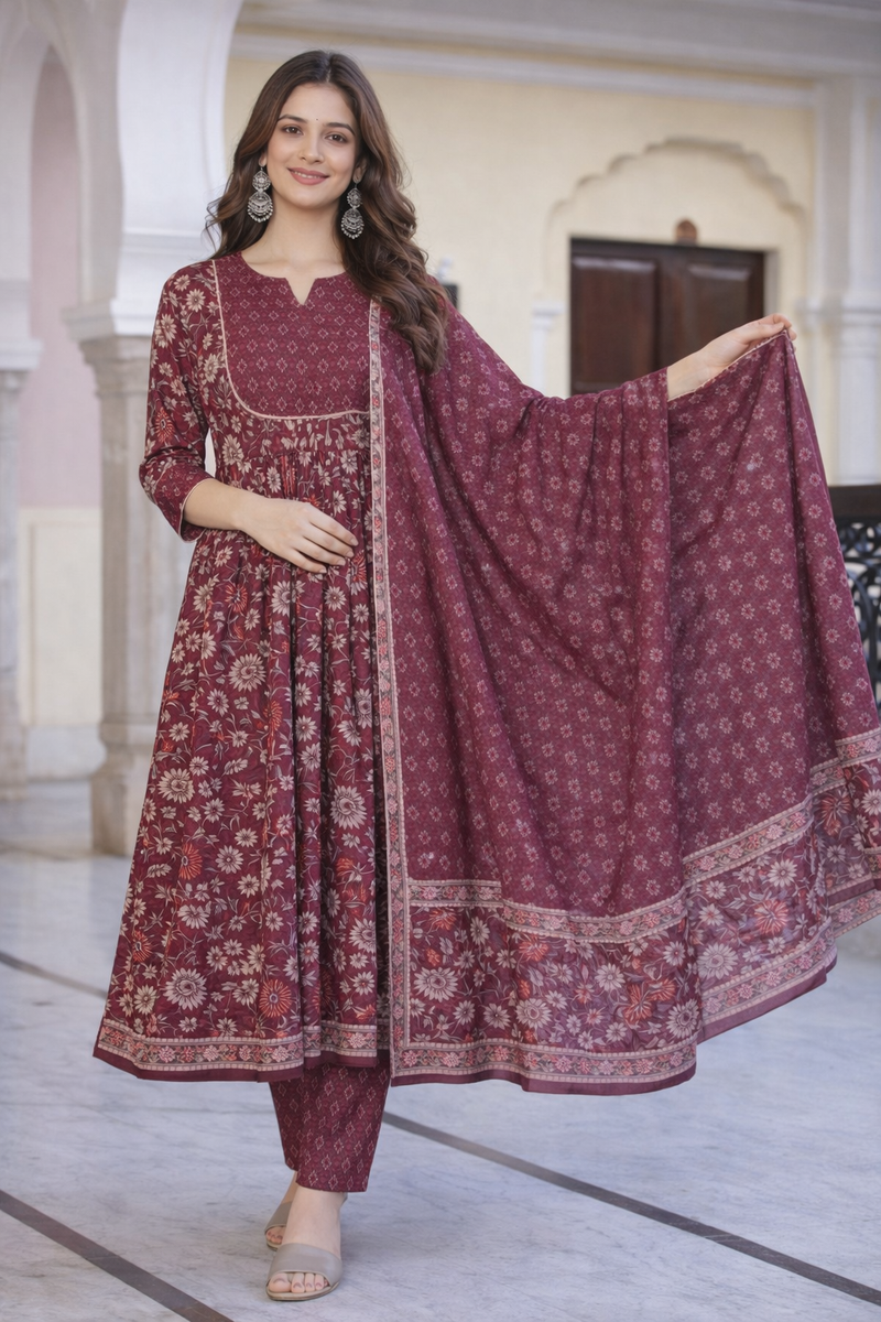 Maroon Floral Printed Anarkali Kurta Set with Pant & Dupatta