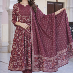 Maroon Floral Printed Anarkali Kurta Set with Pant & Dupatta