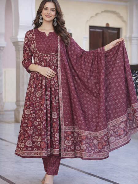 Maroon Floral Printed Anarkali Kurta Set with Pant & Dupatta