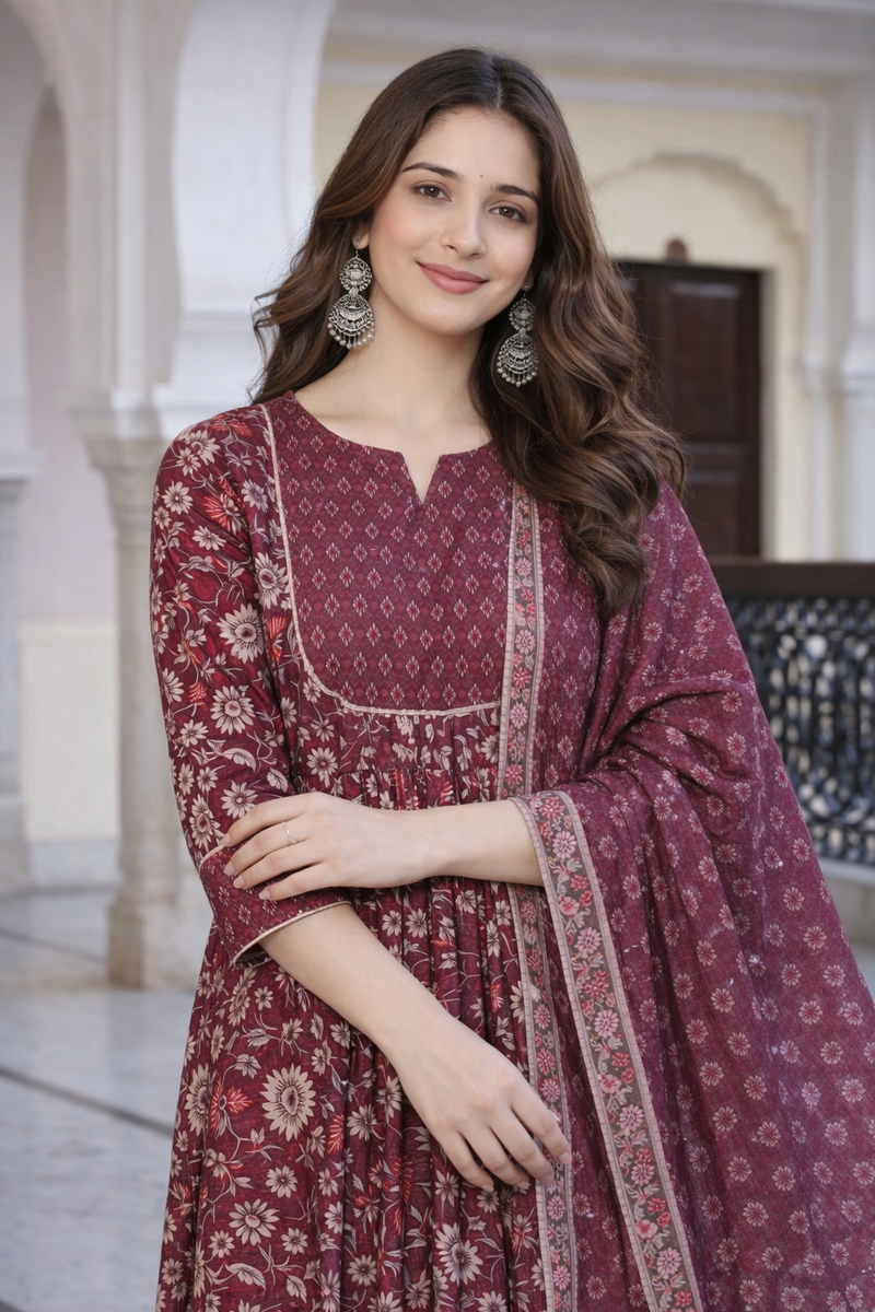 Maroon Floral Printed Anarkali Kurta Set with Pant & Dupatta