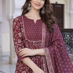 Maroon Floral Printed Anarkali Kurta Set with Pant & Dupatta