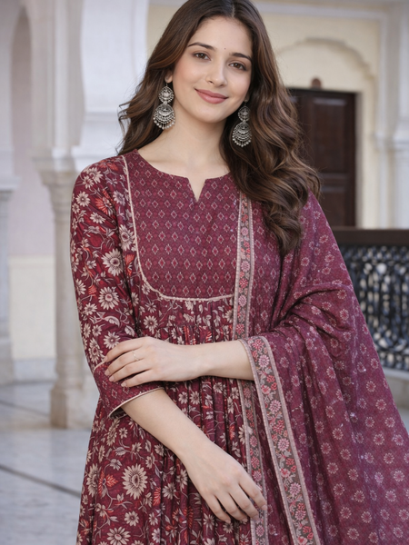 Maroon Floral Printed Anarkali Kurta Set with Pant & Dupatta