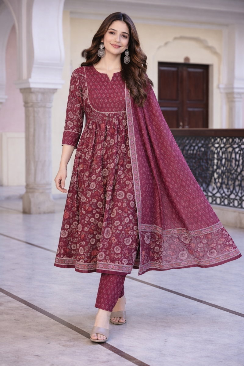 Maroon Floral Printed Anarkali Kurta Set with Pant & Dupatta