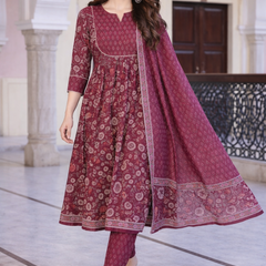 Maroon Floral Printed Anarkali Kurta Set with Pant & Dupatta