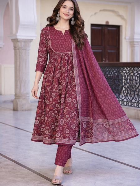 Maroon Floral Printed Anarkali Kurta Set with Pant & Dupatta