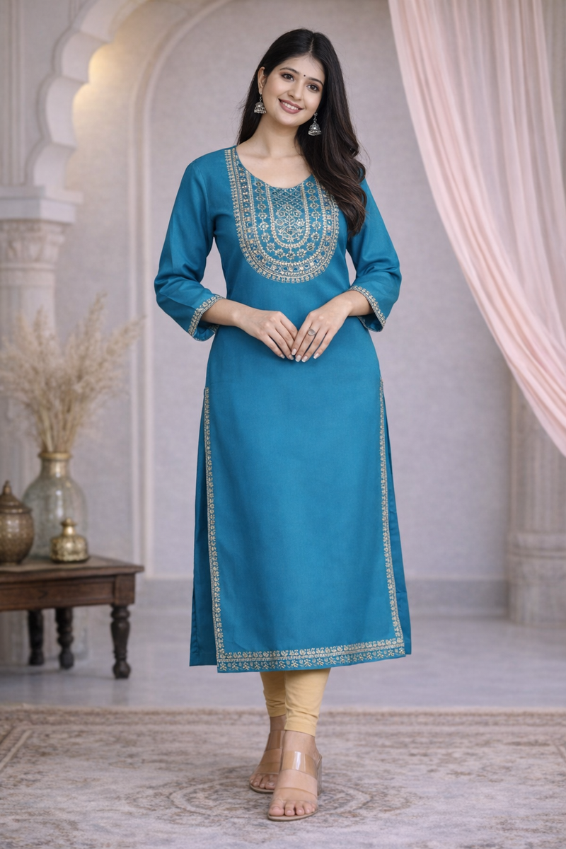 Premium Blue/Mustard Embroidered  Mirror Work Kurti
