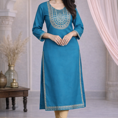 Premium Blue/Mustard Embroidered  Mirror Work Kurti