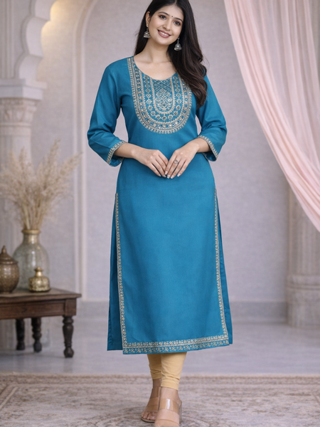 Premium Blue/Mustard Embroidered  Mirror Work Kurti