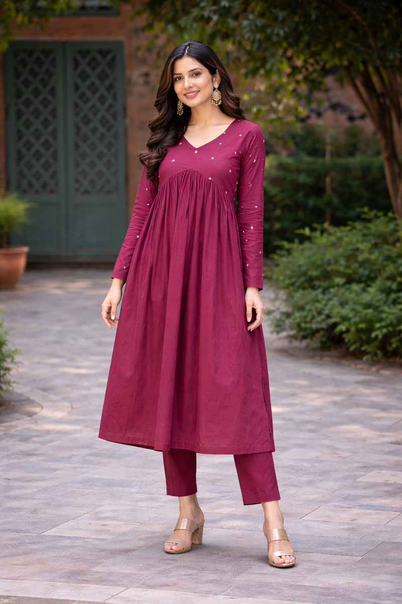 Maroon Flared Embroidered Kurta with Pant Set