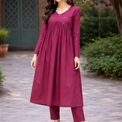 Maroon Flared Embroidered Kurta with Pant Set