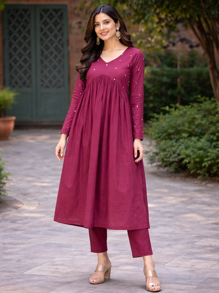 Maroon Flared Embroidered Kurta with Pant Set