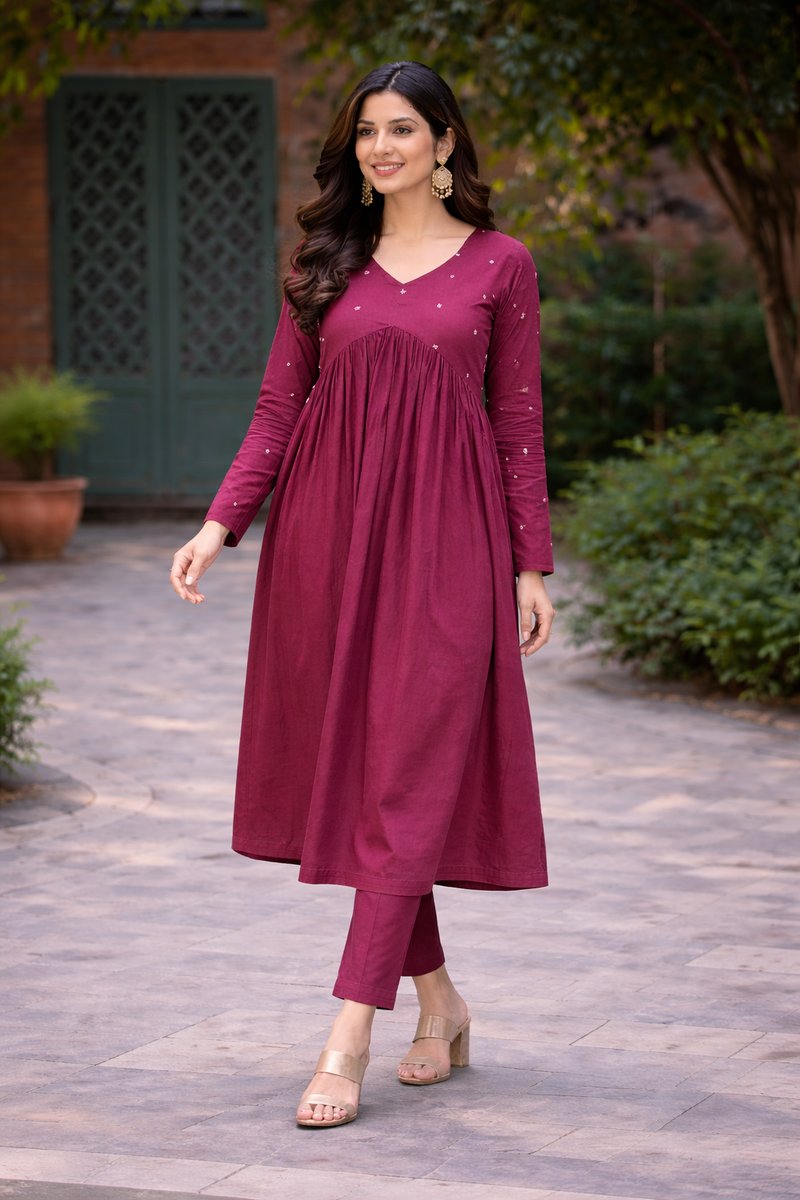 Maroon Flared Embroidered Kurta with Pant Set