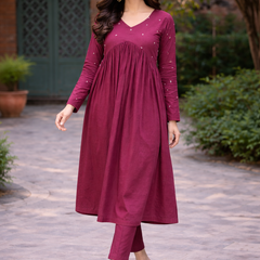 Maroon Flared Embroidered Kurta with Pant Set