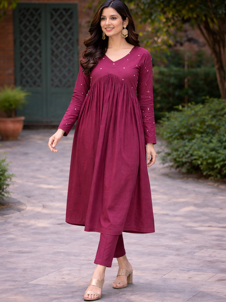 Maroon Flared Embroidered Kurta with Pant Set