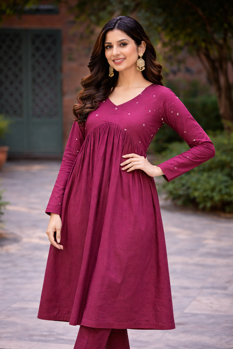 Maroon Flared Embroidered Kurta with Pant Set