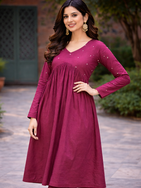 Maroon Flared Embroidered Kurta with Pant Set