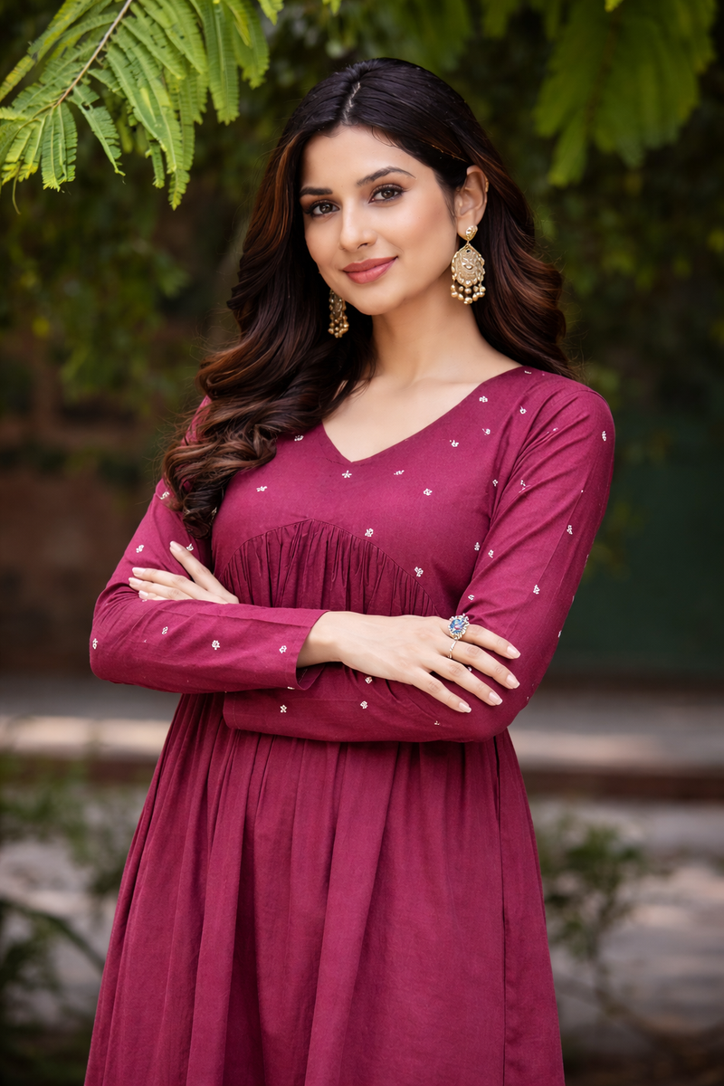 Maroon Flared Embroidered Kurta with Pant Set
