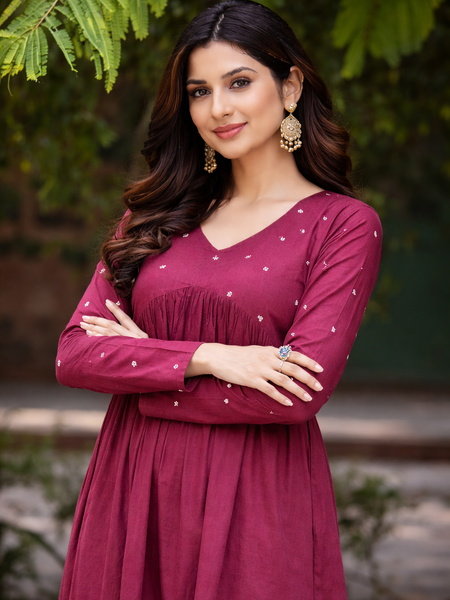 Maroon Flared Embroidered Kurta with Pant Set