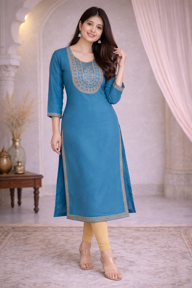 Premium Blue/Mustard Embroidered  Mirror Work Kurti