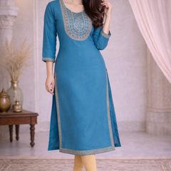 Premium Blue/Mustard Embroidered  Mirror Work Kurti