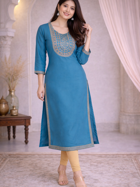 Premium Blue/Mustard Embroidered  Mirror Work Kurti