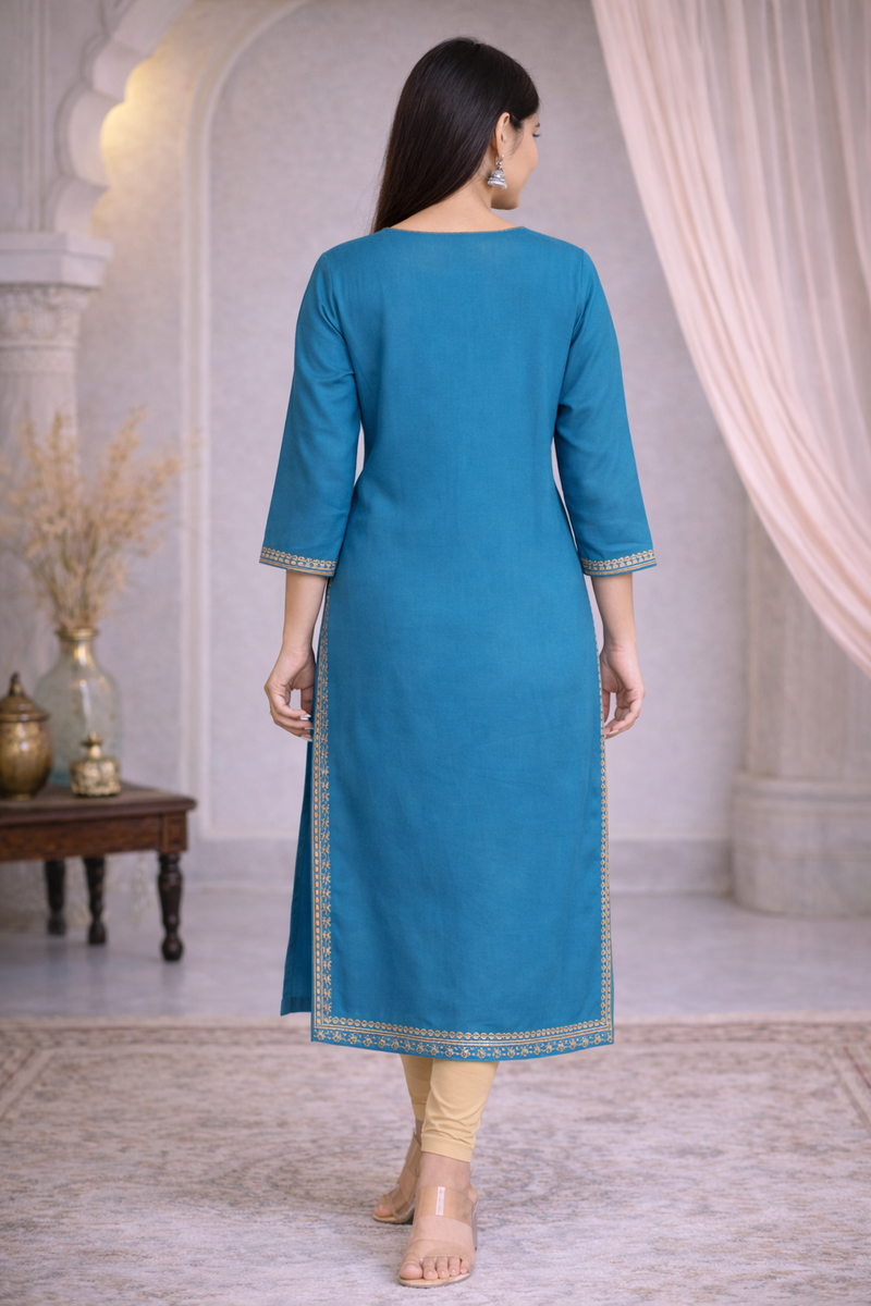 Premium Blue/Mustard Embroidered  Mirror Work Kurti