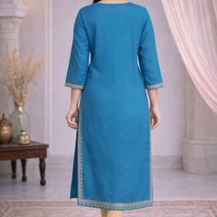 Premium Blue/Mustard Embroidered  Mirror Work Kurti