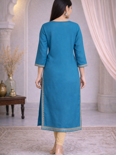 Premium Blue/Mustard Embroidered  Mirror Work Kurti