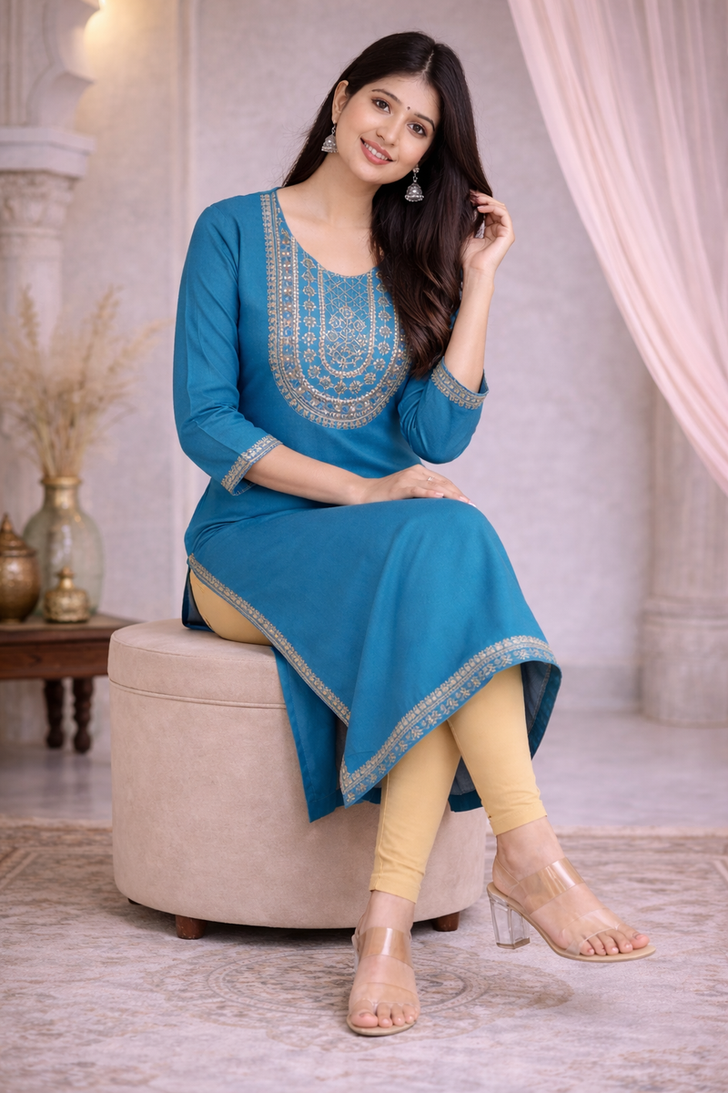 Premium Blue/Mustard Embroidered  Mirror Work Kurti