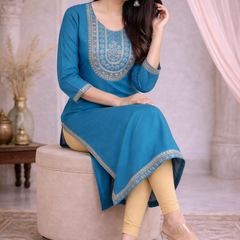 Premium Blue/Mustard Embroidered  Mirror Work Kurti