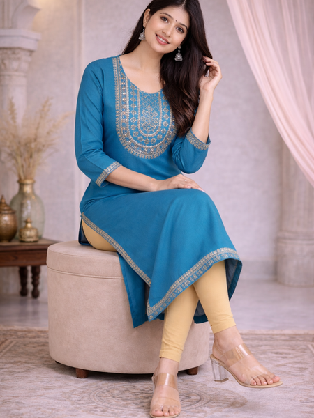 Premium Blue/Mustard Embroidered  Mirror Work Kurti