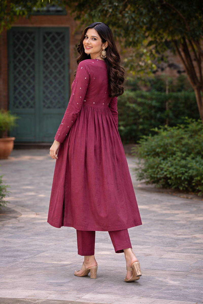 Maroon Flared Embroidered Kurta with Pant Set
