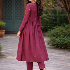 Maroon Flared Embroidered Kurta with Pant Set