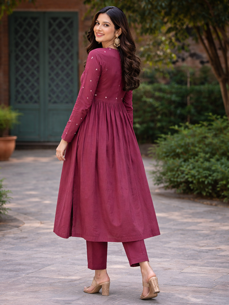 Maroon Flared Embroidered Kurta with Pant Set