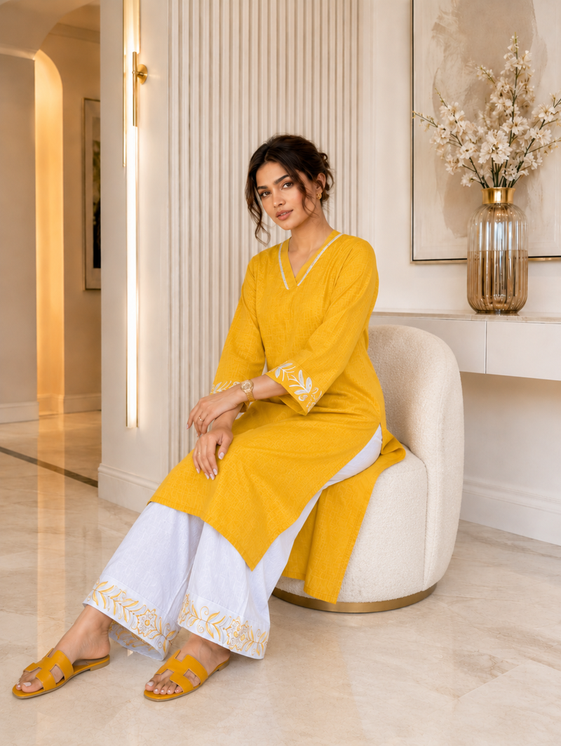 Mustard Embroidered Kurti with White Palazzo Set