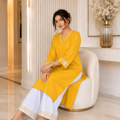 Mustard Embroidered Kurti with White Palazzo Set