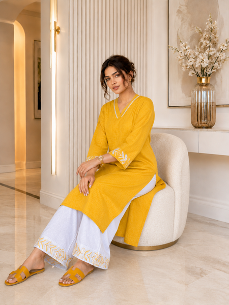 Mustard Embroidered Kurti with White Palazzo Set