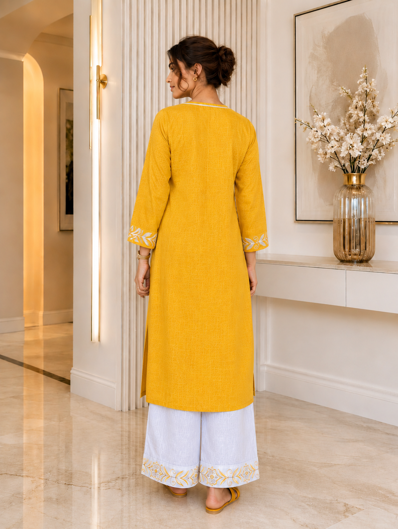 Mustard Embroidered Kurti with White Palazzo Set