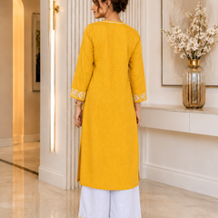 Mustard Embroidered Kurti with White Palazzo Set
