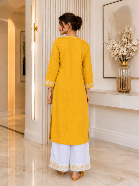 Mustard Embroidered Kurti with White Palazzo Set
