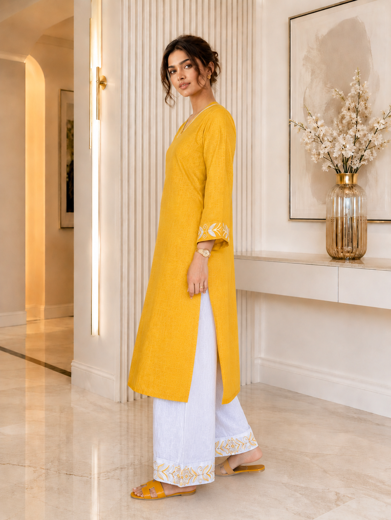 Mustard Embroidered Kurti with White Palazzo Set