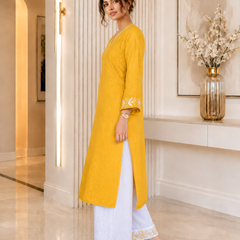 Mustard Embroidered Kurti with White Palazzo Set