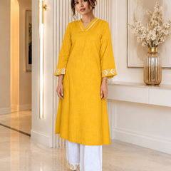 Mustard Embroidered Kurti with White Palazzo Set