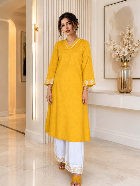 Mustard Embroidered Kurti with White Palazzo Set
